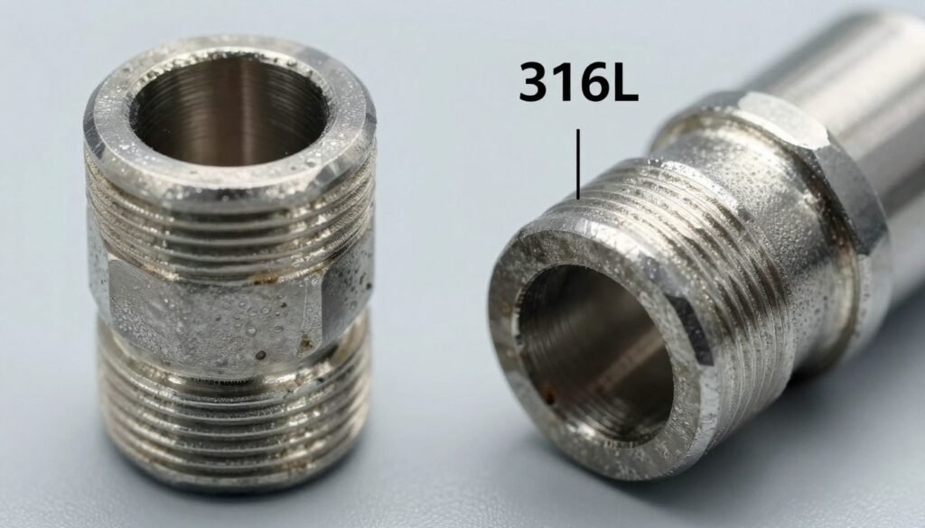 Corrosion resistance comparison showing duplex steel and 316L stainless steel samples after exposure testing