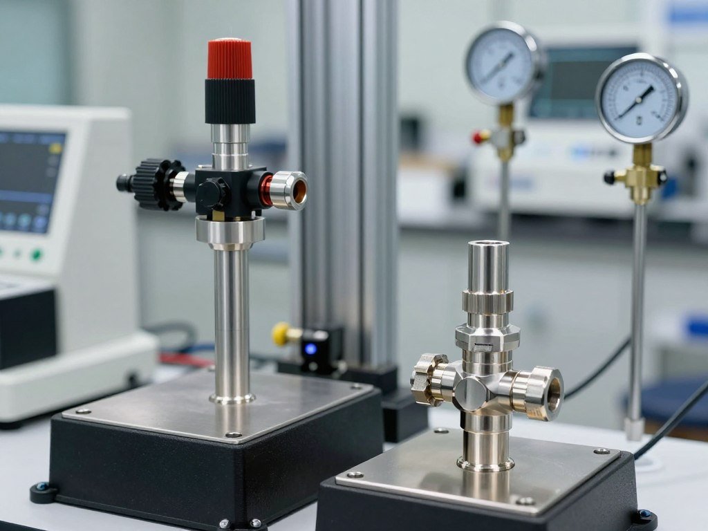 Industrial pressure testing equipment comparing duplex steel and 316L stainless steel tube fittings